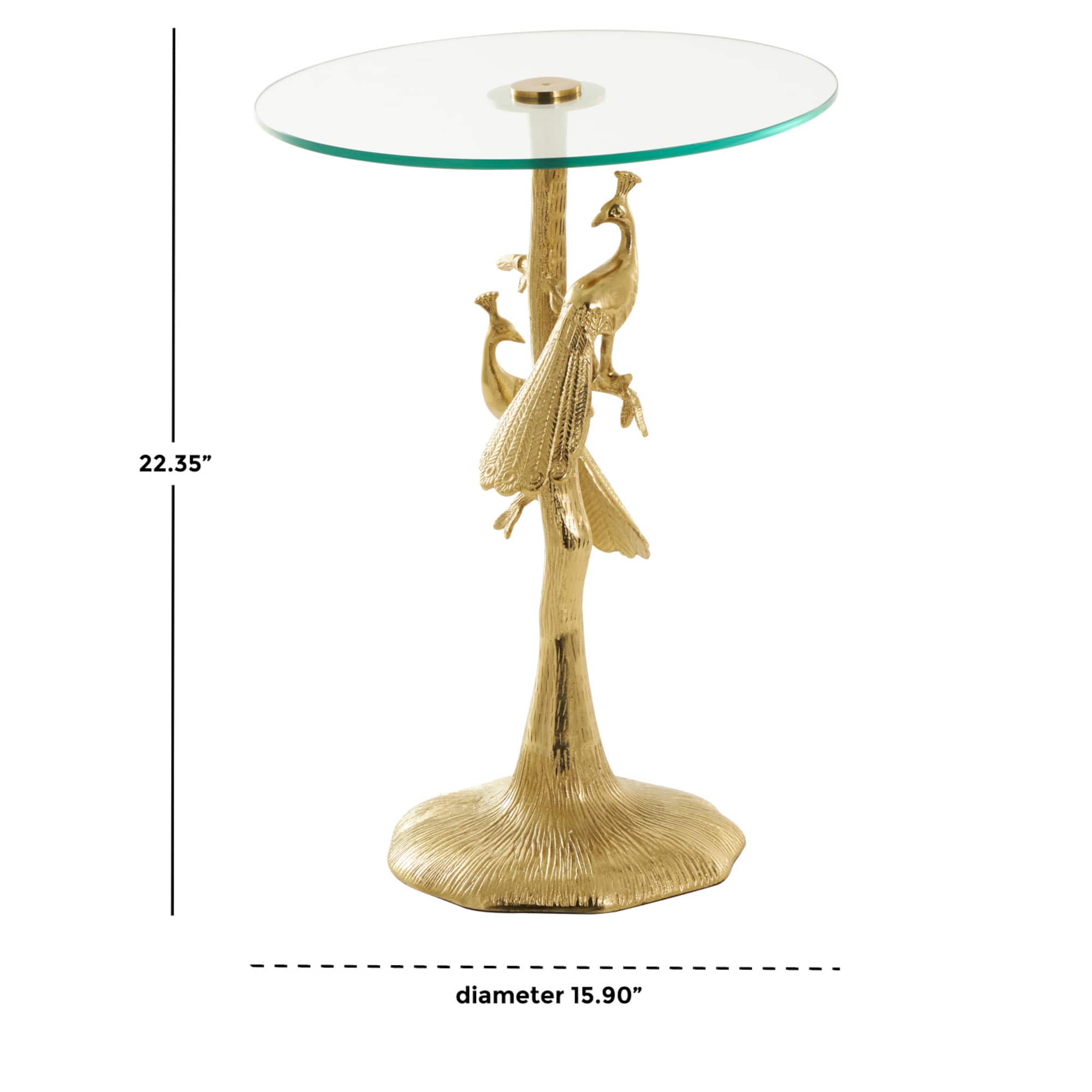 22.25" Gold Aluminum Peacock Textured Accent Table with Glass Tabletop